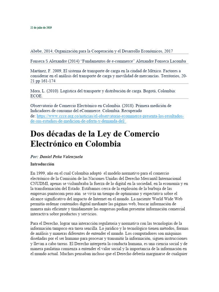 Dos Décadas De La Ley De Comercio Electrónico En Colombia Pdf