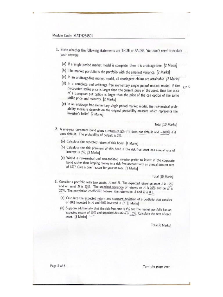 Financial Math: Markets Exam 2024 | PDF