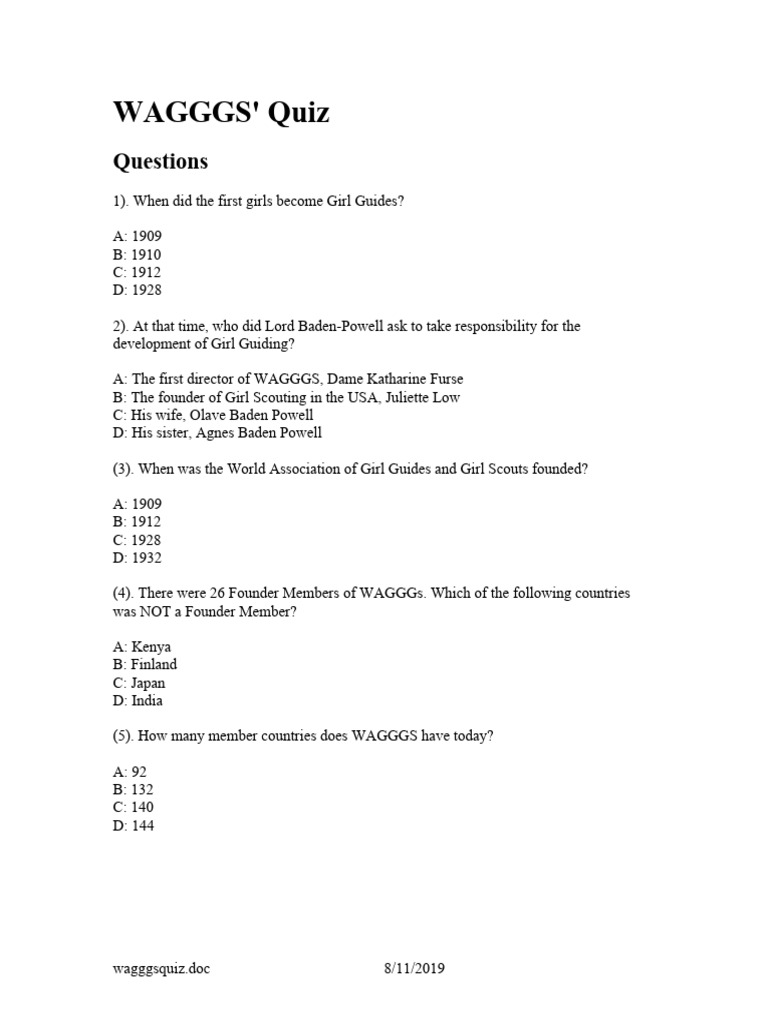 WAGGGS and Scouting Quiz Guide | PDF | Scouting And Guiding | Outdoor ...