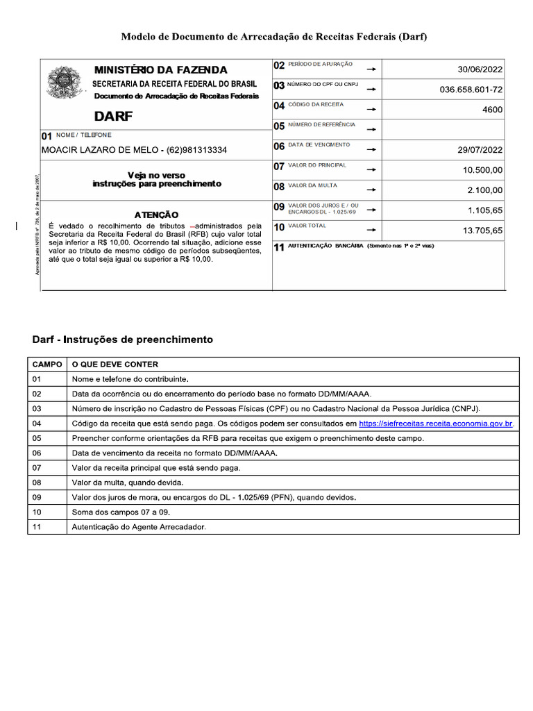 Modelo de Documento de Arrecadação de Receitas Federais (Darf) | PDF