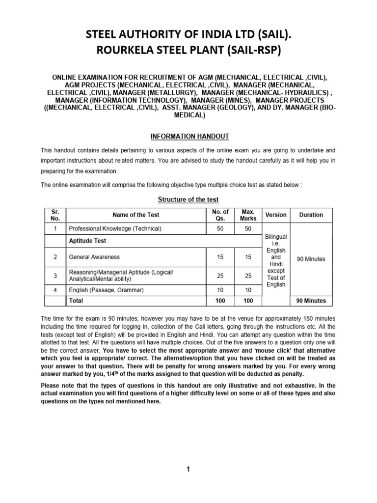 SAIL - RSP - Information Handout - English-For CBT For Executive Posts ...