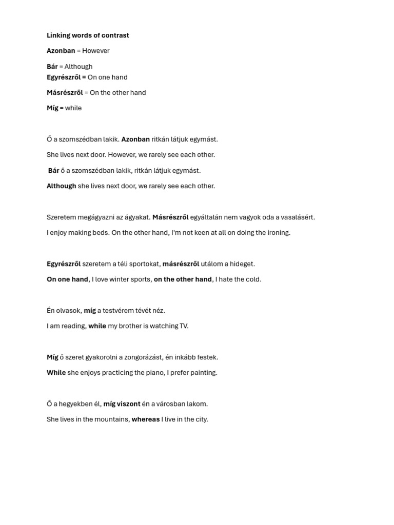 Linking Words of Contrast (Hungarian) | PDF