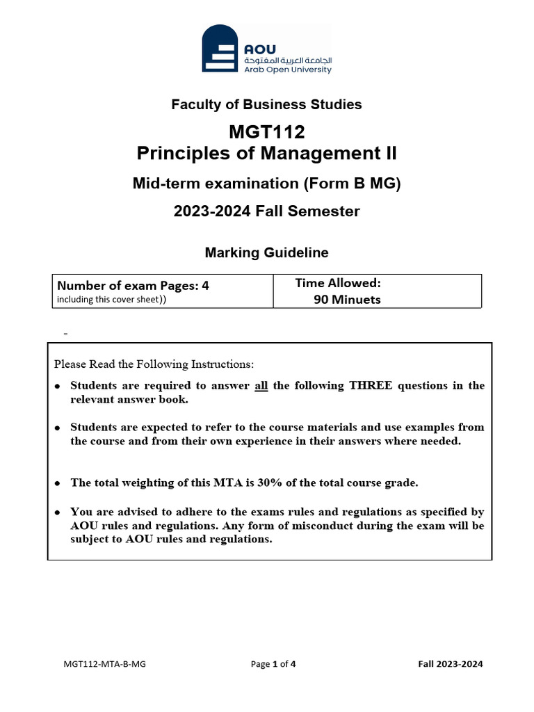 MGT112-MTA- form B-MG Fall 2023-2024 | PDF | Organizational Behavior ...