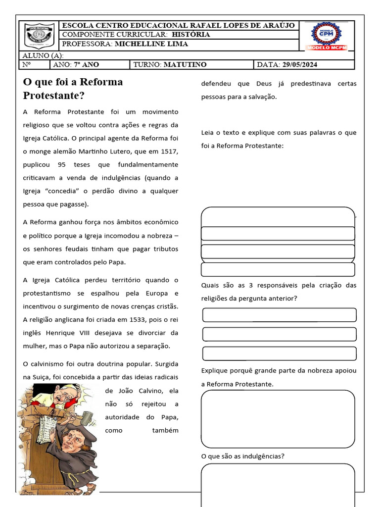 Atividades sobre a Reforma Protestante 7º Ano | PDF