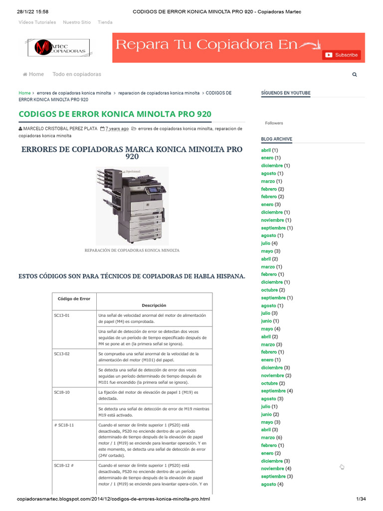 Codigos de Error Konica Minolta Pro 920 - Copiadoras Martec | PDF ...