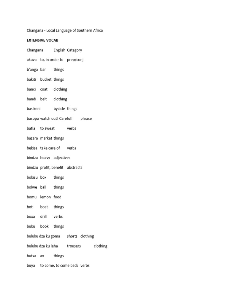 Changana Language Vocabulary Guide | PDF | Adverb