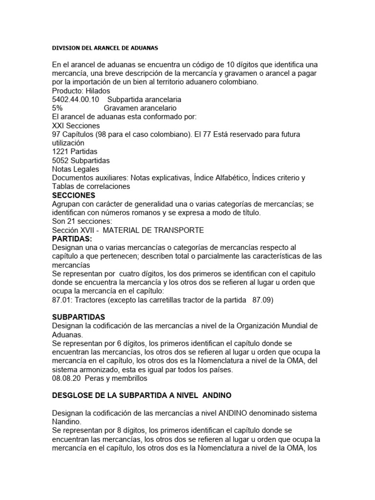 Estructura del Arancel de Aduanas Colombiano | PDF | aduana | Textiles
