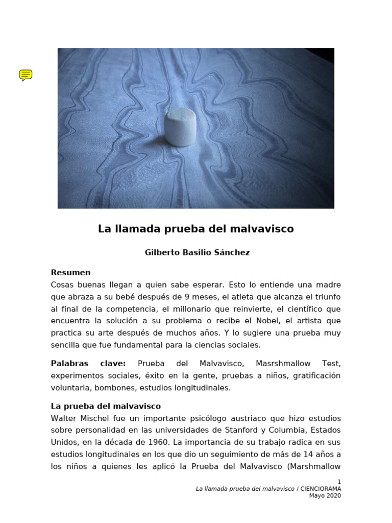 La llamada prueba del malvavisco PDF Cognición Conceptos psicologicos