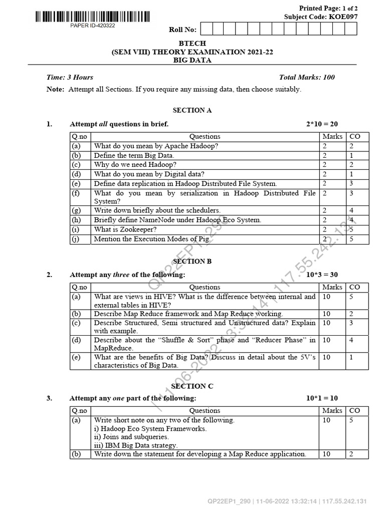 BTech Big Data Exam Guide | PDF | Apache Hadoop | Map Reduce