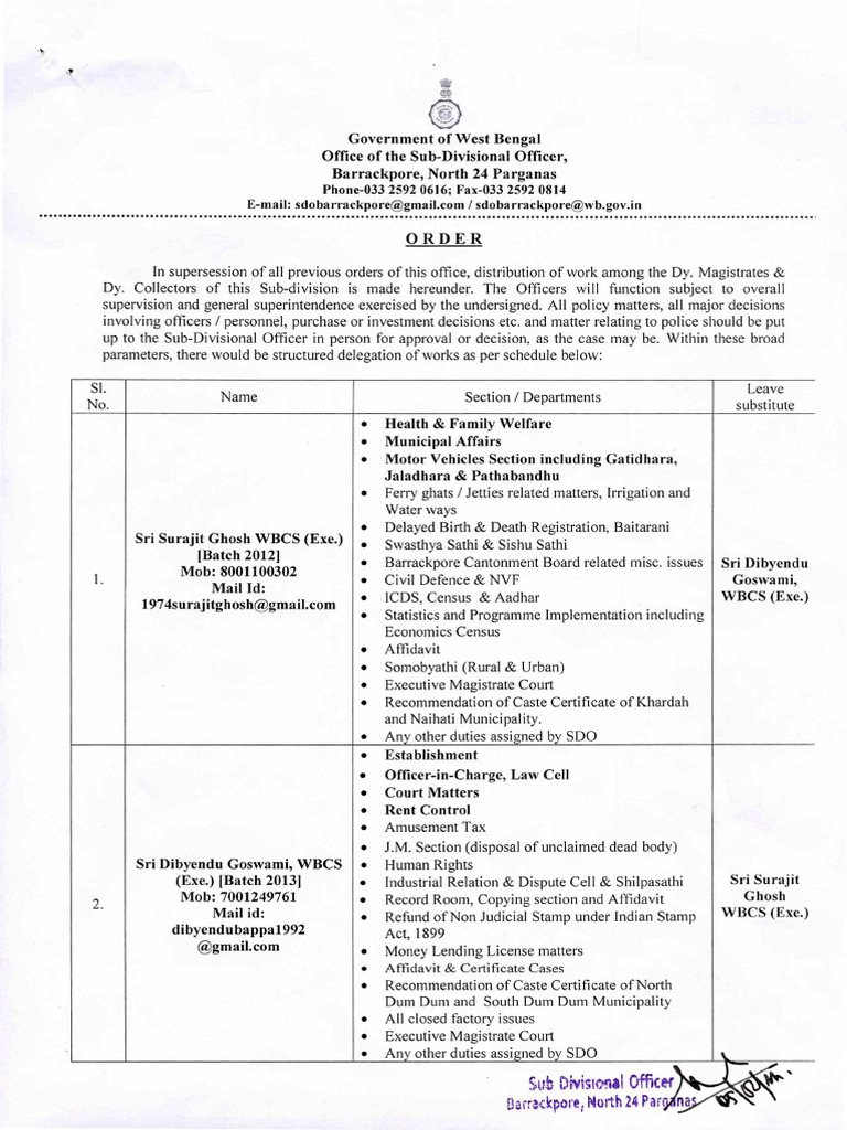 Barrackpore SDO Office Work Distribution | PDF