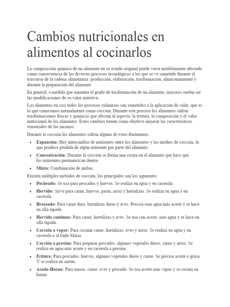 Cambios Nutricionales en Alimentos Cocidos | PDF | Cocinando | Alimentos