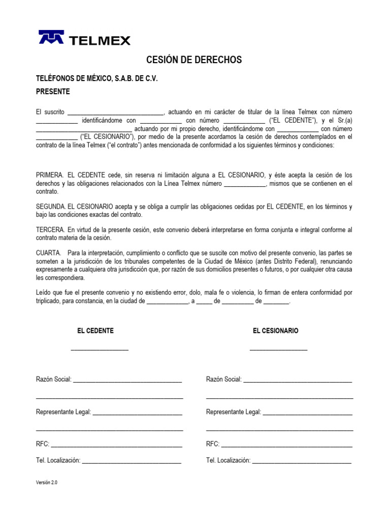 Cesión de Derechos Telmex: Formato y Ejemplo | PDF | Justicia | Crimen ...