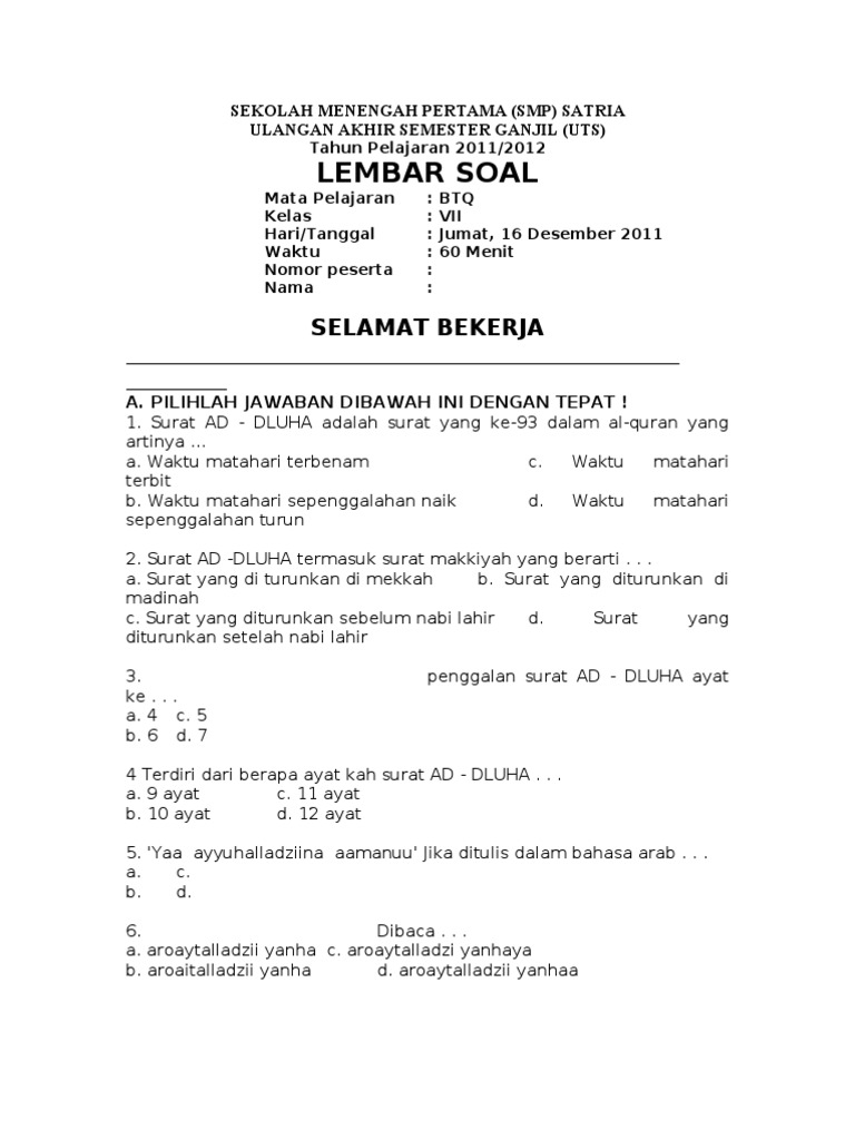 Soal Uas Btq Kelas 6 Semester 1 Dan Kunci Jawaban Guru Galeri