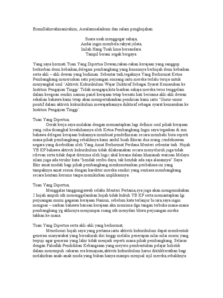 Contoh Teks Perbahasan Ketua Menteri