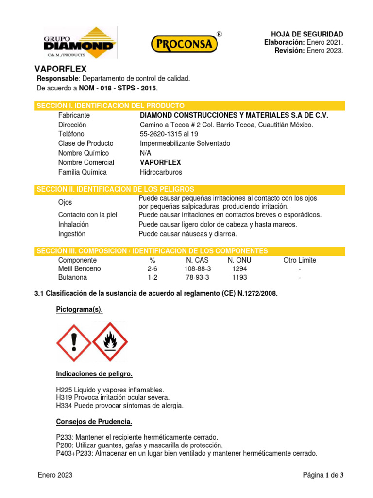 Hoja de Seguridad Vaporflex 2023 | PDF | Agua | Combustión