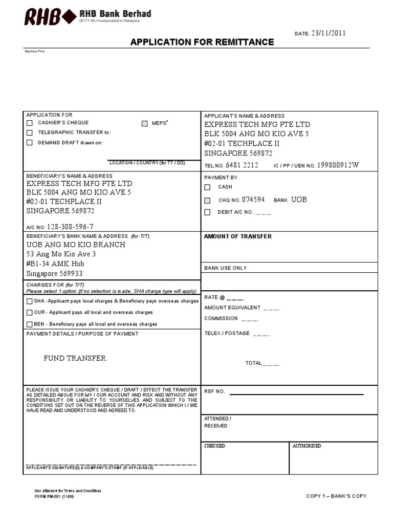 Remittance Application Cashier S Check Cheque