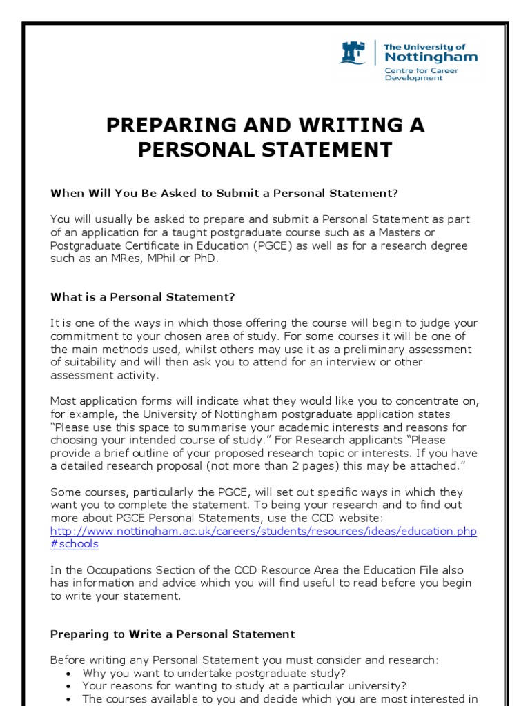 Preparing Writing A Personal Statement  Postgraduate Education