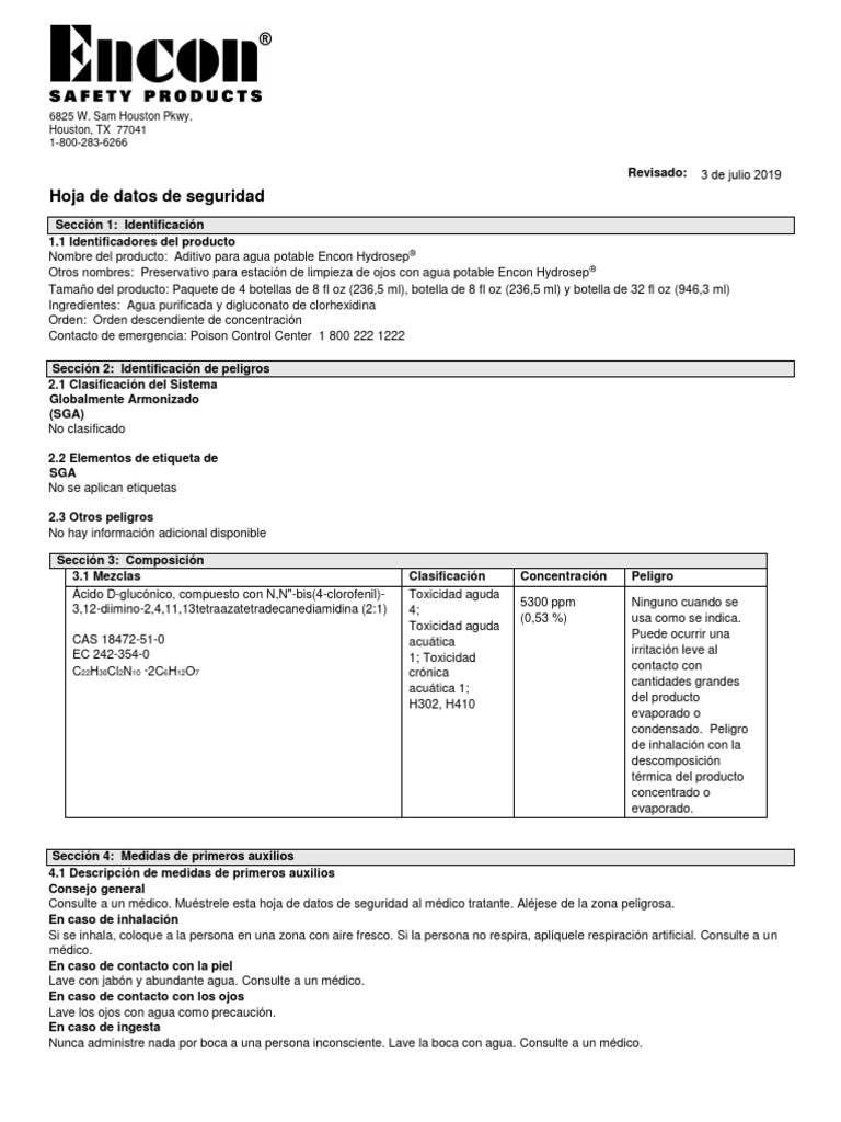 Hoja de Seguridad Encon Hydrosep | PDF | Administración de Seguridad y ...