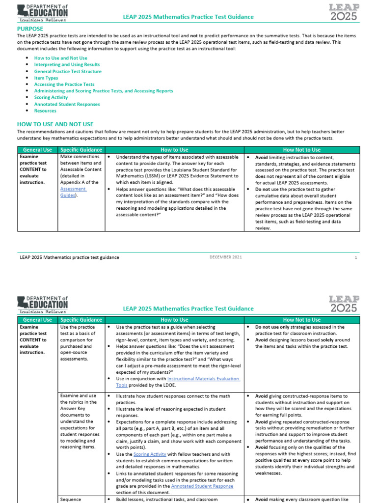 LEAP 2025 Math Practice Test Guidance | PDF | Educational Assessment ...