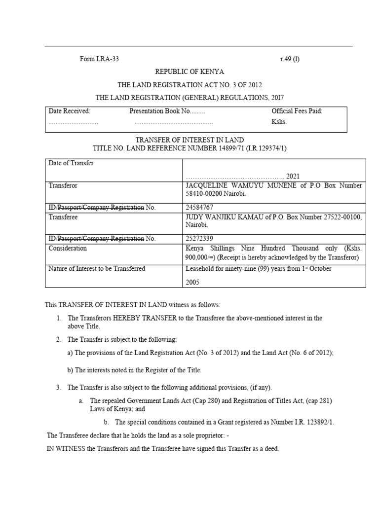 LRA-33 Transfer of Land Interest Form | PDF | Personal Identification ...