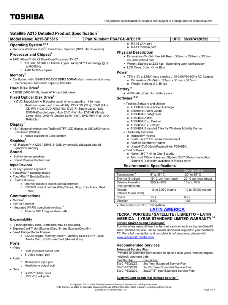 Toshiba Satellite A215 SP5816 | PDF | Computer Data Storage | 64 Bit ...