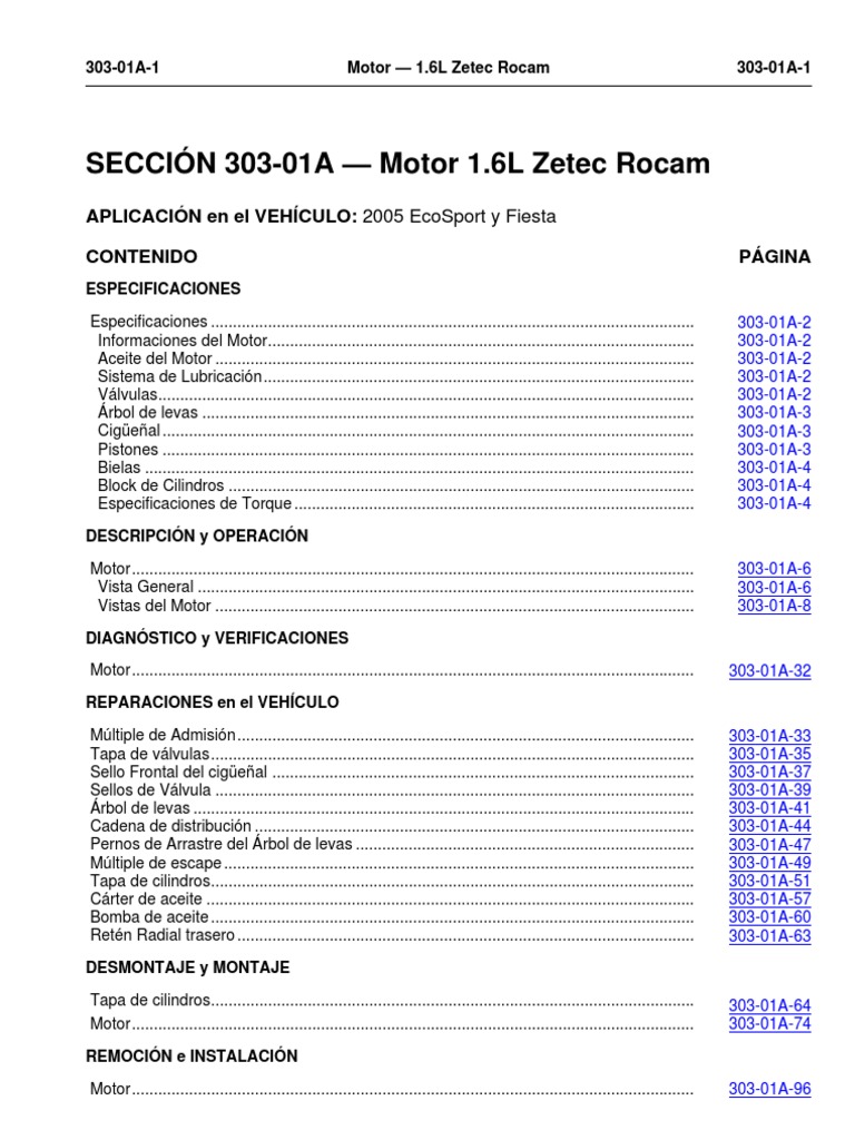 Especificaciones y detalles técnicos del motor 1.6L Zetec Rocam | PDF ...
