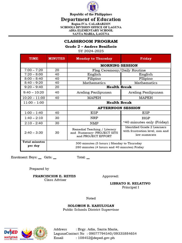 Class Program 2024 2025 Gr. 2 | PDF | Behavior Modification | Learning