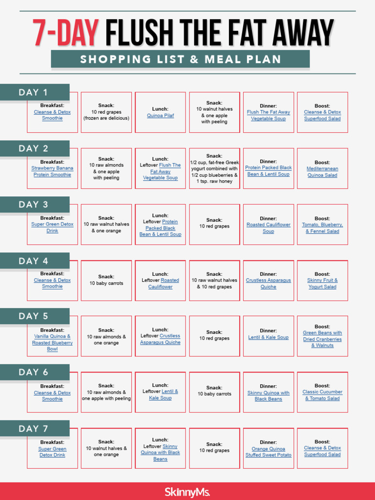 7 day flush the fat away meal plan shopping list 2 pdf lunch onion