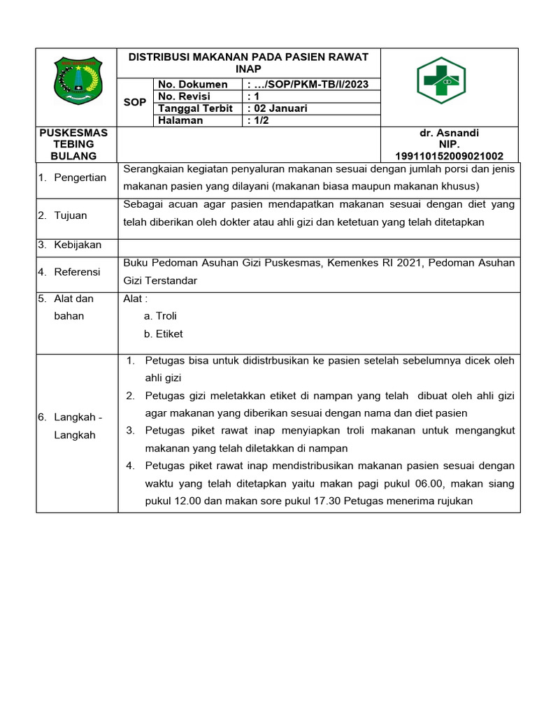 Sop Distribusi Makanan Pada Pasien Ranap Edit | PDF | Kesehatan Holistik