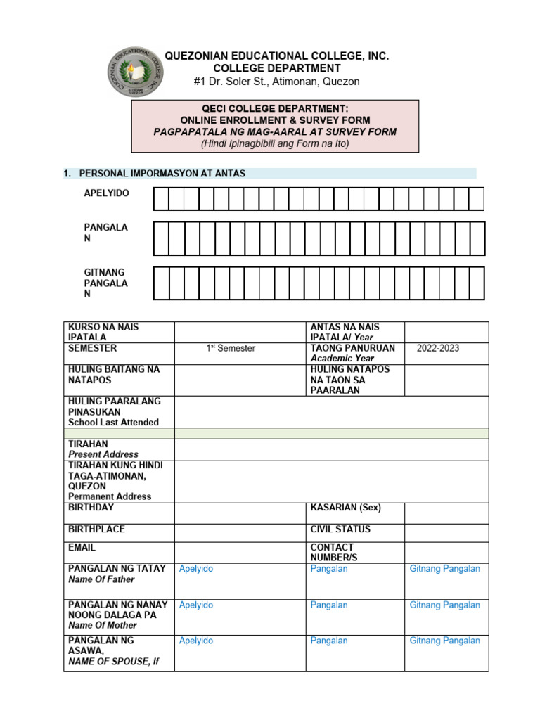 QECI COLLEGE DEPARTMENT ENROLLMENT and SURVEY FORM FOR SY 2021 2022 ...