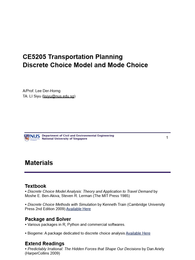 CE5205 Week 7 - DCM and Mode Choice I | PDF | Logistic Regression ...