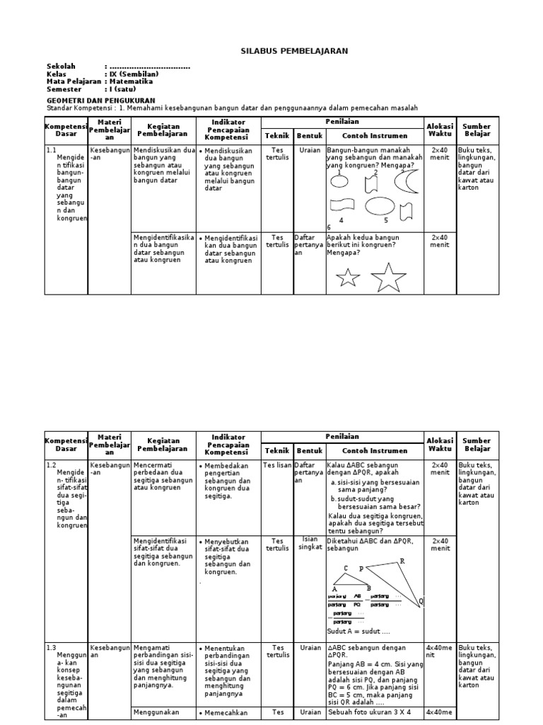 Silabus Matematika SMP Berkarakter Kelas IX Semester 1