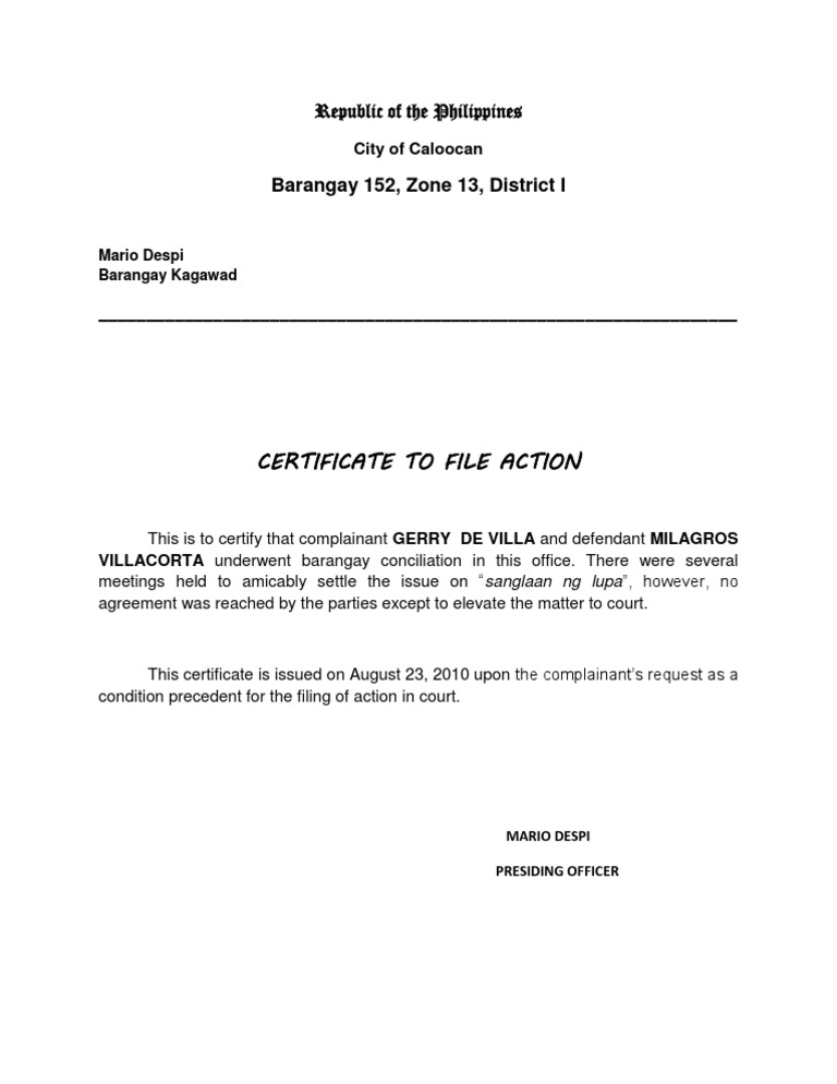 Certificate to File Action - Barangay | PDF | Social Science