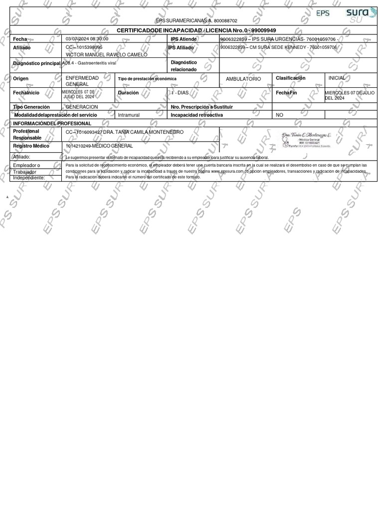 Certificado de Incapacidad EPS Sura 2024 | PDF