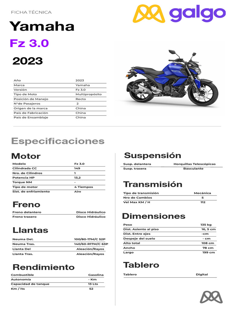 Ficha Técnica Yamaha FZ 3.0 2023 | PDF