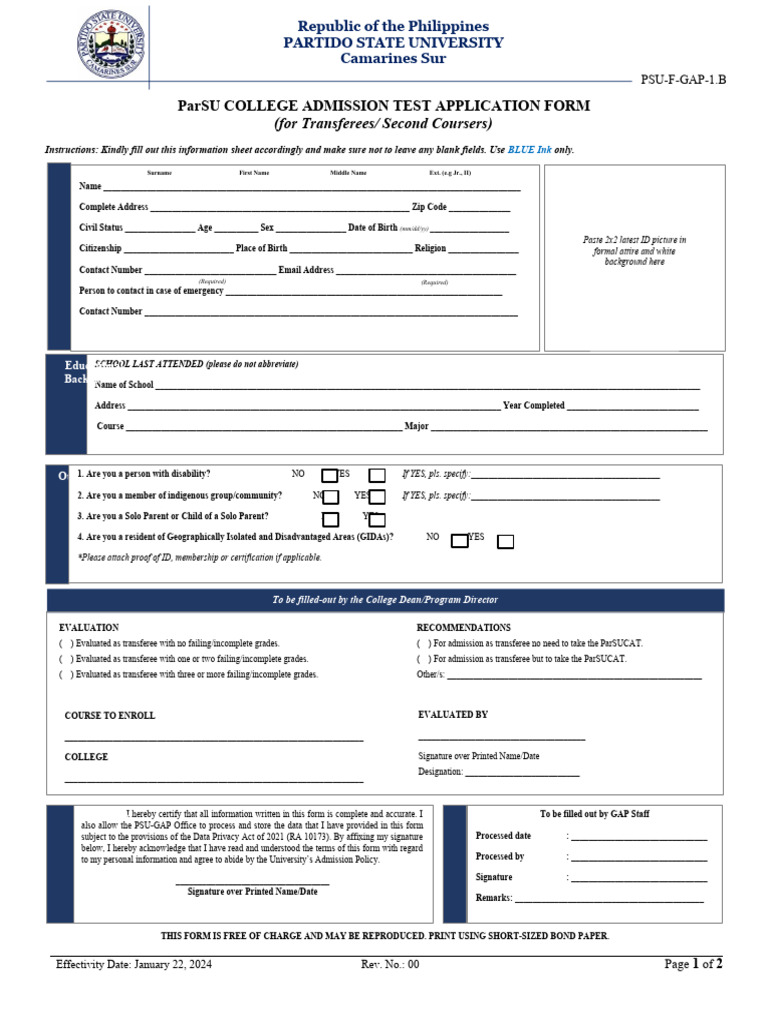PSU Transferee Admission Test Form | PDF | Engineering