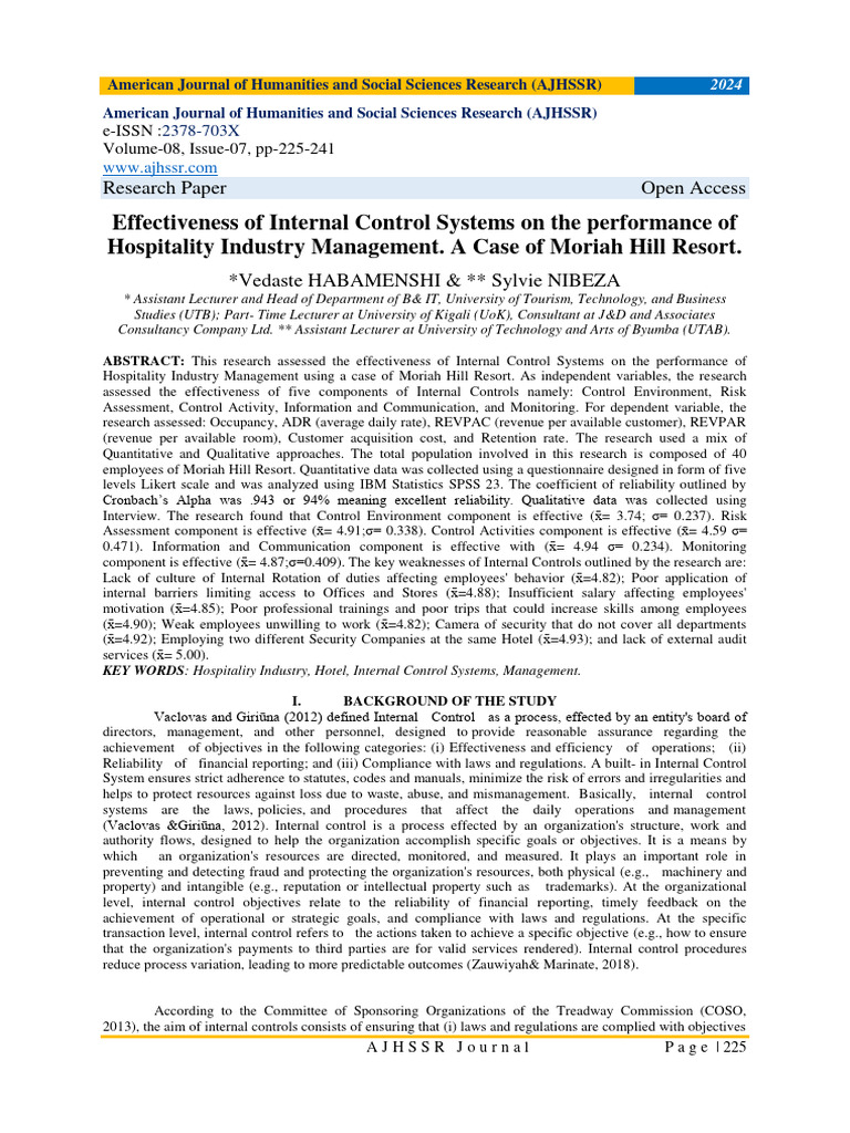 Effectiveness of Internal Control Systems On The Performance of ...