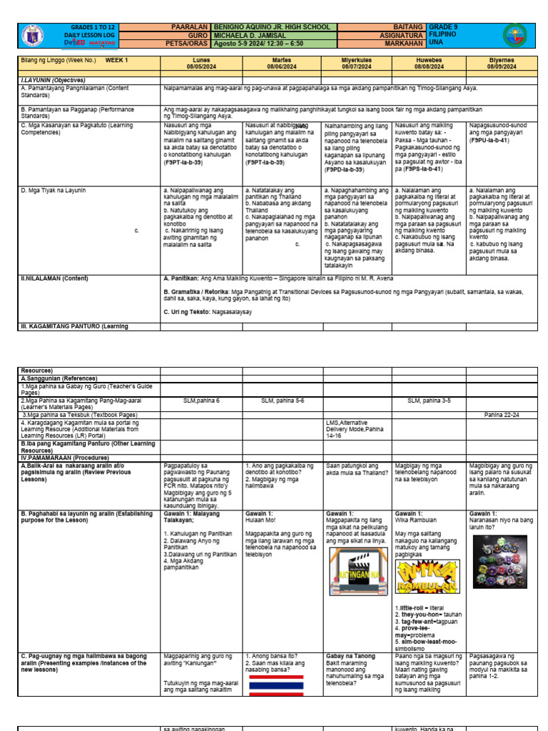 Dll Filipino 9 Qtr1 Week 2 Pdf