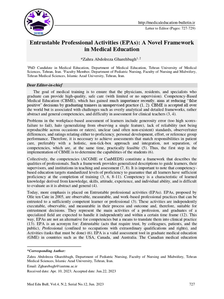 Entrustable Professional Activities in Medical Education | PDF ...