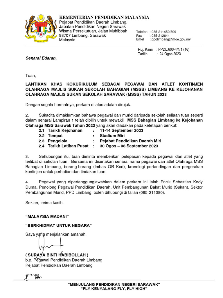 Surat Lantikan Khas Kokurikulum Sebagai Pegawai Dan Atlet Kontinjen 