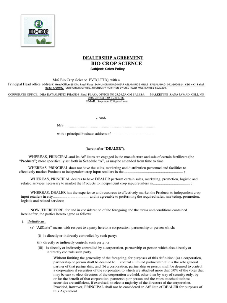 Dealer Agreement for Bio Crop Science | PDF | Bankruptcy | Liquidation