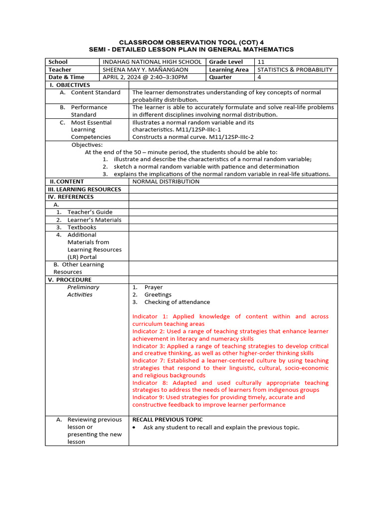 Cot 4 Lesson Plan - 2023-2024 | PDF | Normal Distribution | Learning