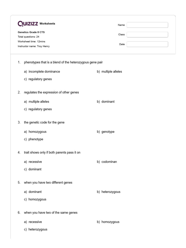 Grade 8 Genetics Worksheets | PDF | Dominance (Genetics) | Zygosity