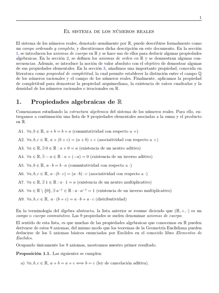 Demostraciones Números R | PDF | Campo (Matemáticas) | Número Real