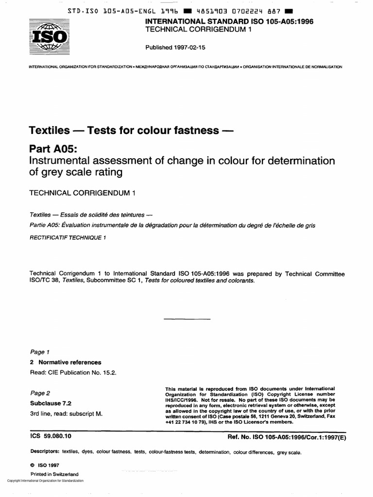 ISO 105-A05-1996 Cor 2-2005 | PDF | International Organization For ...