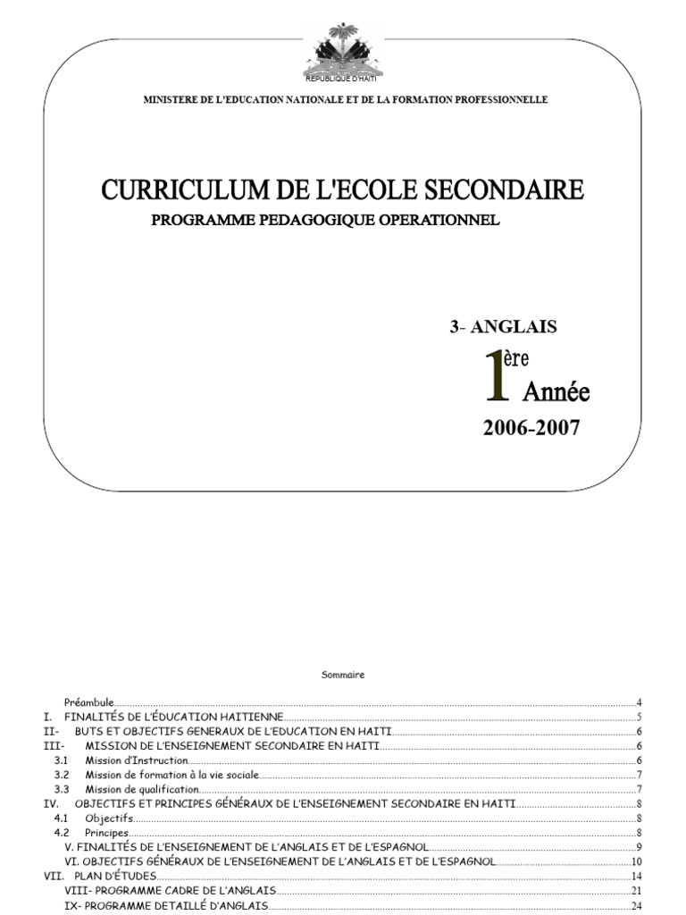 Programme Anglais Secondaire 1 Haiti | PDF | Enseignement ...