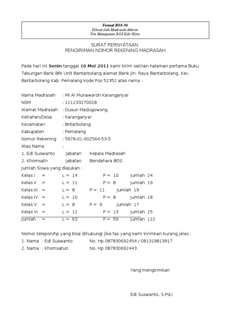 Surat Pernyataan Pengiriman Nomor Rekening Madarsah