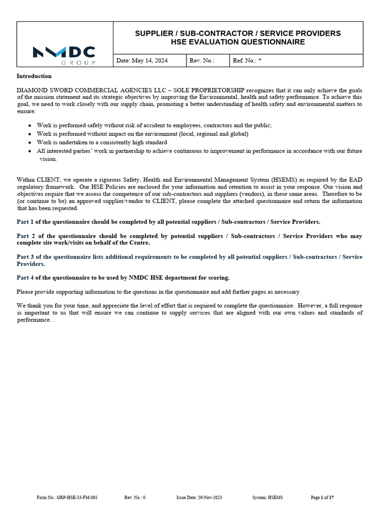 HSE Evaluation Questionnaire for Suppliers | PDF | Risk | Occupational ...