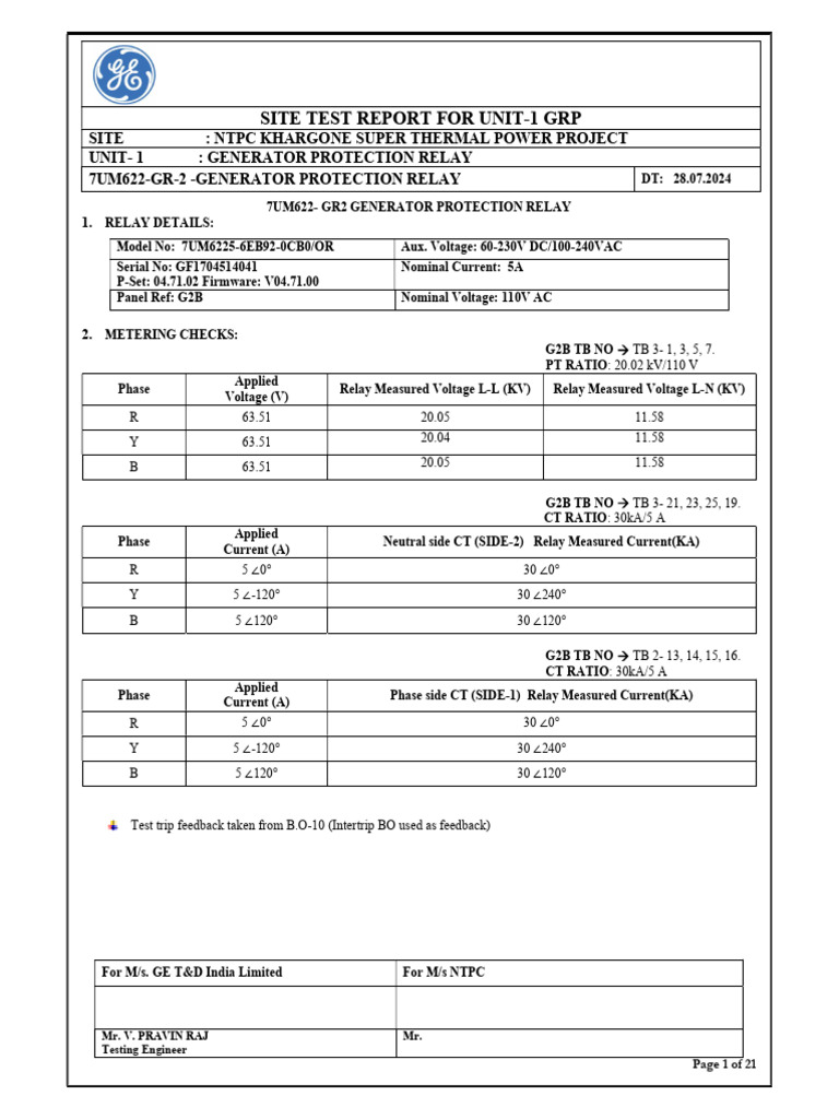 Generator Protection Relay Test Report | PDF | Electrical Impedance | Relay