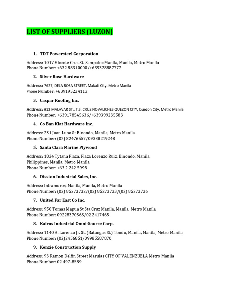 LIST OF SUPPLIERS IN THE PHILIPPINES | PDF | Metro Manila | Manila